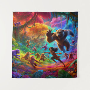 Monkeys Chasing a Child in a Colourful Jungle Tapestry
