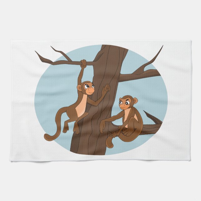 Monkeys climbing the tree cartoon tea towel (Horizontal)
