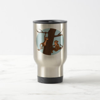 Monkeys climbing the tree cartoon travel mug