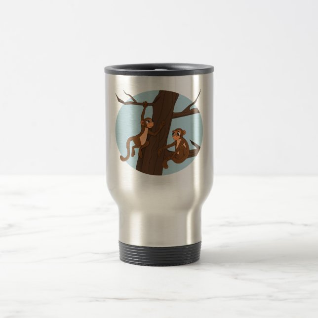 Monkeys climbing the tree cartoon travel mug (Center)