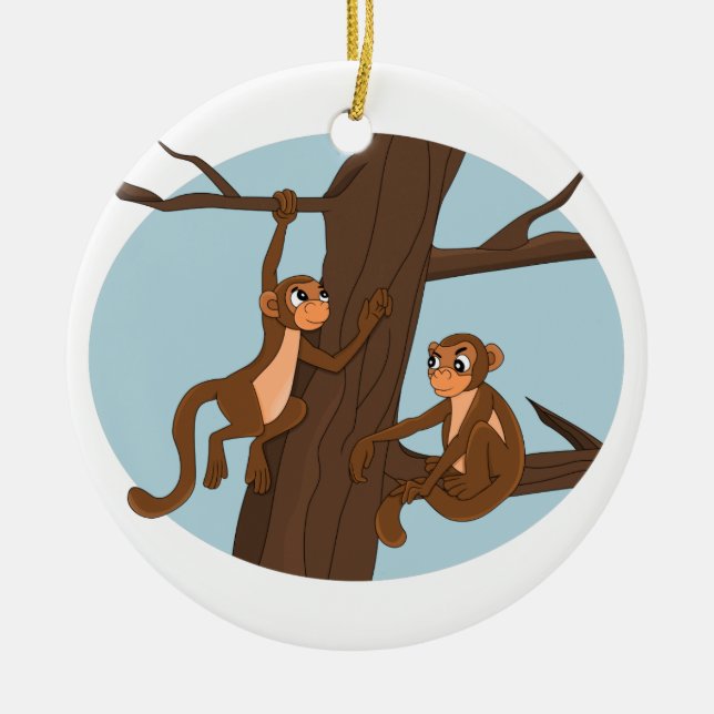 Monkeys climbing the tree  ceramic tree decoration (Front)