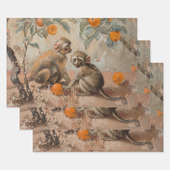 Monkeys - Oil Painting Style Wrapping Gift Paper (Set)