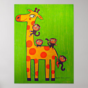 Monkeys Playing with Giraffe Poster