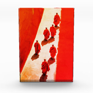 Monks Walking Red Robe Spiritual Journey Photo Block