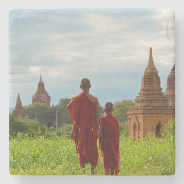Monks with Ancient Temples Stone Coaster (Front)