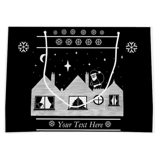 monochome santa on roof christmas contempory large gift bag (Front)