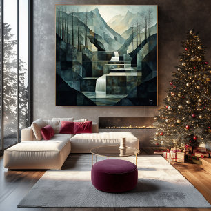 Monochromatic Abstract Mountain Waterfall Geometry Canvas Print