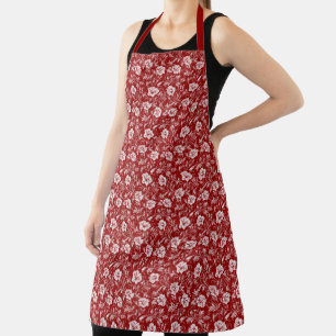 Monochromatic Baroque Floral Pattern, White on Red Apron