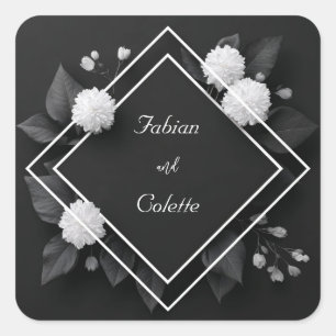 Monochromatic Black White Chrysanthemum Geometric Square Sticker