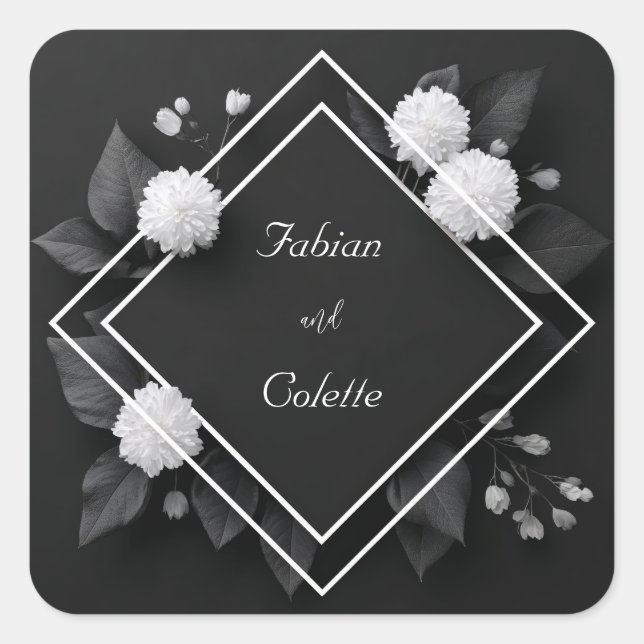Monochromatic Black White Chrysanthemum Geometric Square Sticker (Front)