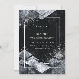 Monochromatic Black White Marble Diamond Geometric Invitation