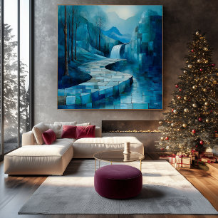 Monochromatic Blue Abstract Waterfall Landscape Canvas Print