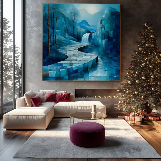 Monochromatic Blue Abstract Waterfall Landscape Canvas Print (Creator Uploaded)