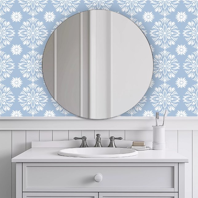 Monochromatic Blue Burst Floral Wallpaper (Monochromatic Blue Burst Floral Wallpaper in a white bathroom.)