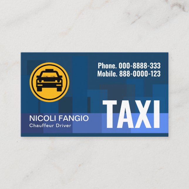 Monochromatic Blue City Skyline Silhouette Taxi Business Card (Front)