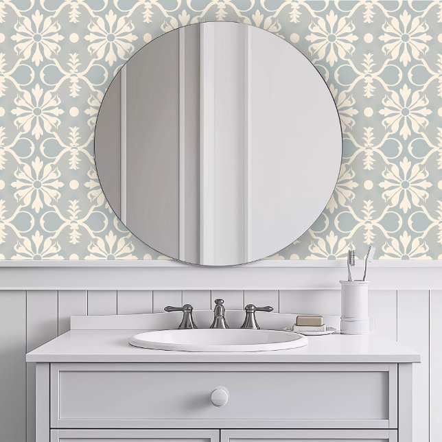 Monochromatic Blue Floral Wallpaper (Monochromatic Blue Floral Wallpaper in a white bathroom.)