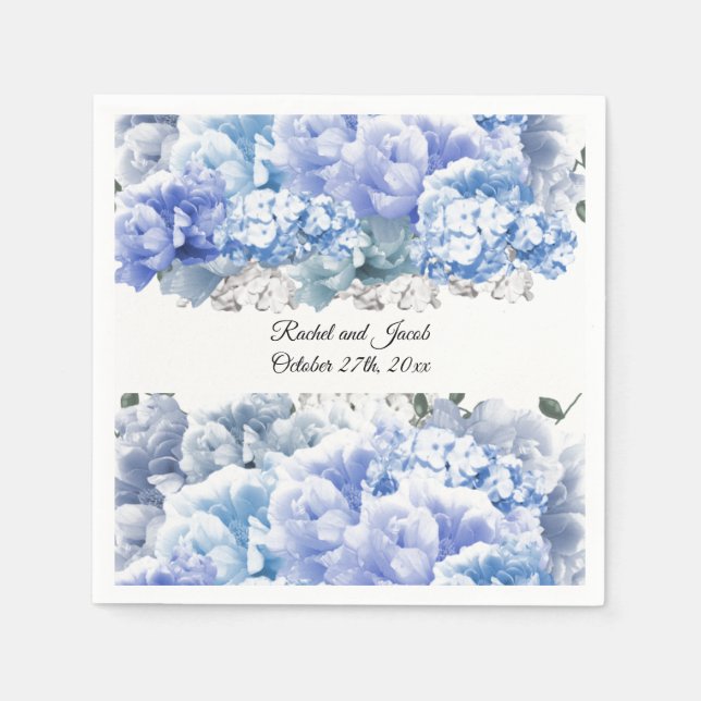 Monochromatic Blue Floral Wedding Paper Napkins (Front)