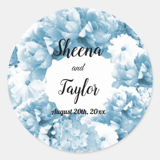 Monochromatic Blue Floral Wreath Wedding Sticker (Front)