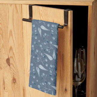 Monochromatic Blue-Grey Leafs & Berries Pattern Tea Towel