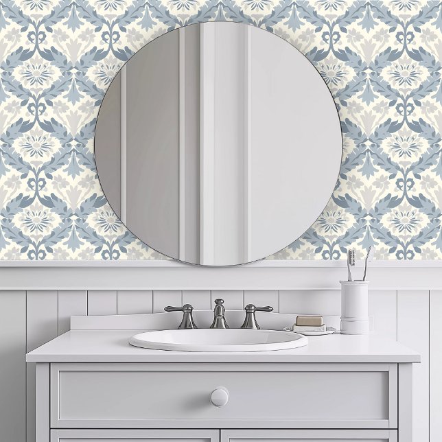 Monochromatic Blue Wreath Wallpaper (Monochromatic Blue Wreath Wallpaper in a white bathroom.)