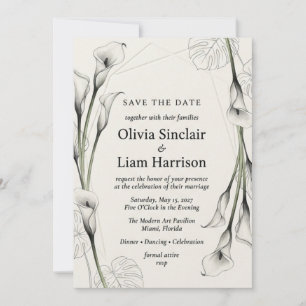 Monochromatic Calla Lily and Monstera Leaf Waterco Invitation