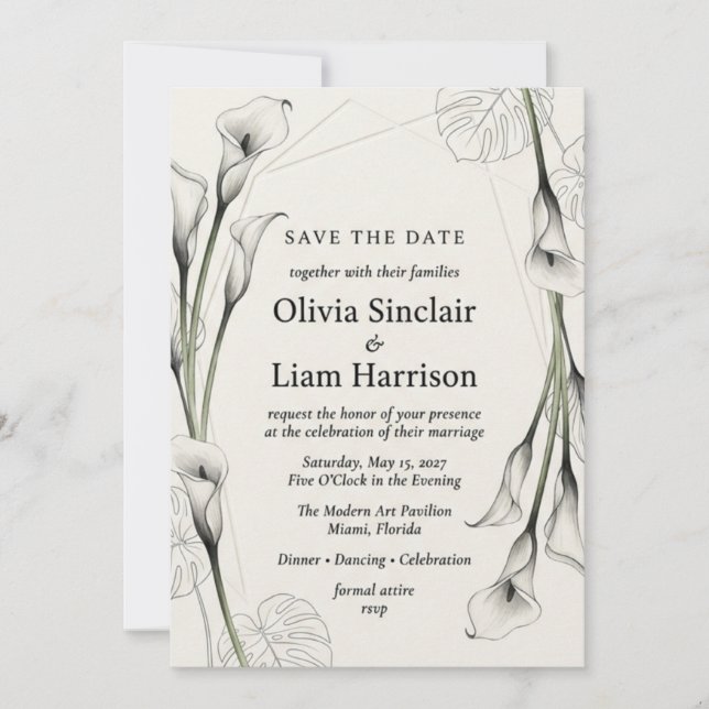 Monochromatic Calla Lily and Monstera Leaf Waterco Invitation (Front)