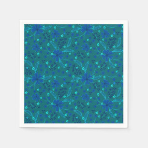 Monochromatic dark turquoise blue retro floral  napkin