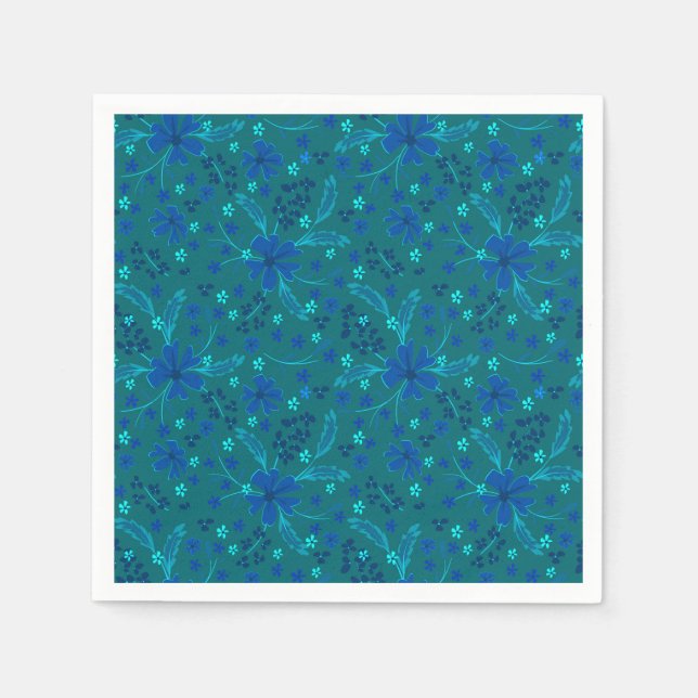 Monochromatic dark turquoise blue retro floral  napkin (Front)