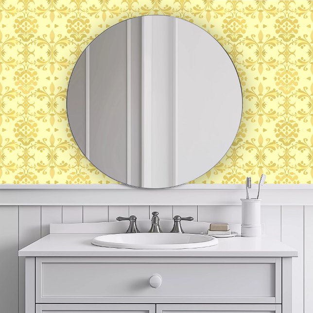 Monochromatic Decorative Yellow Wallpaper (Monochromatic Decorative Yellow Wallpaper in a white bathroom.)