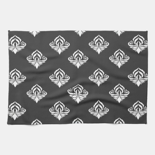 Monochromatic Floral Damask Tea Towel (Horizontal)
