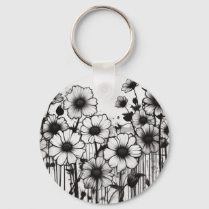Monochromatic Floral Ink Splatter Key Ring