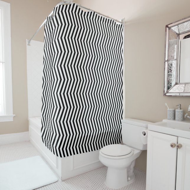 Monochromatic Geometric Lines Pattern Shower Curtain (In Situ)