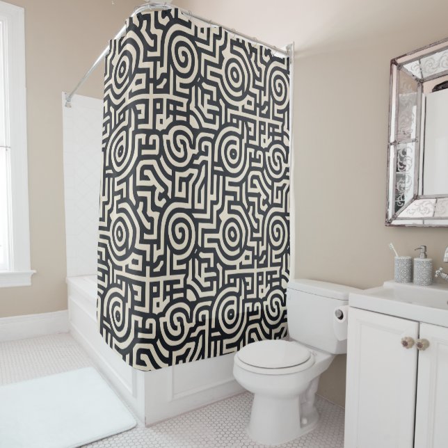 monochromatic geometric maze shower curtain (In Situ)