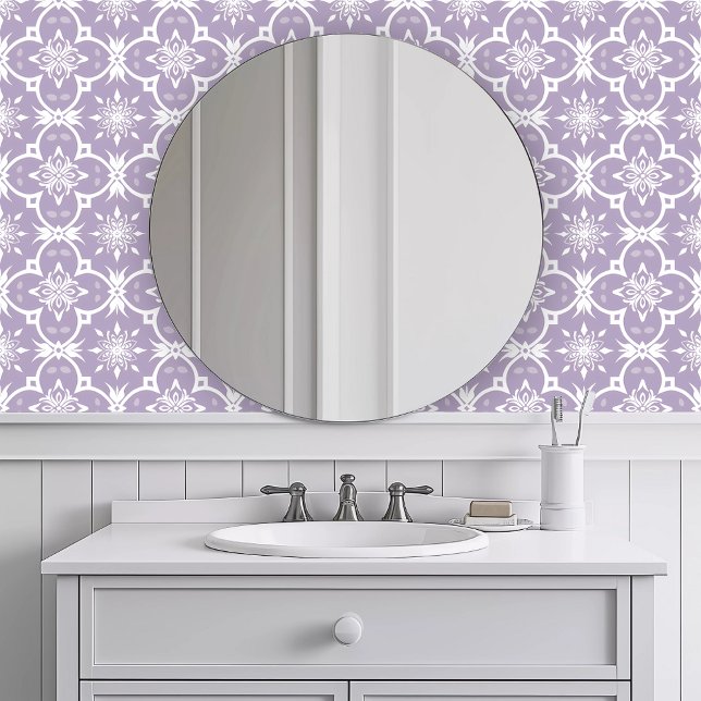 Monochromatic Geometric Purple Wallpaper (Monochromatic Elegant Turquoise Wallpaper in a white bathroom.)