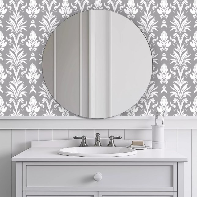Monochromatic Grey Fauna Wallpaper (Monochromatic Gray Fauna Wallpaper in a white bathroom.)
