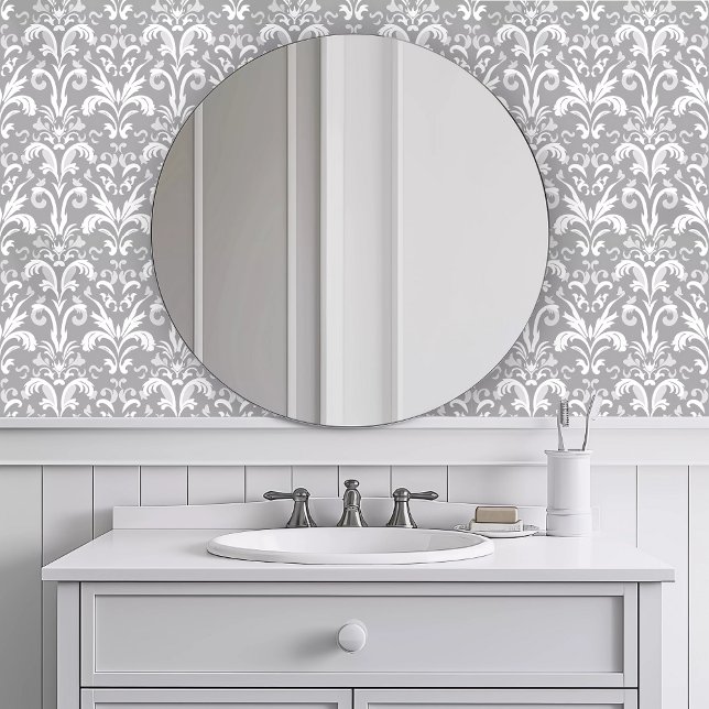 Monochromatic Intricate Grey Wallpaper (Monochromatic Intricate Gray Wallpaper in a white bathroom.)