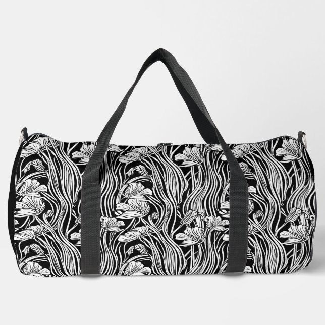 Monochromatic Line Art Floral Duffle Bag  (Front)