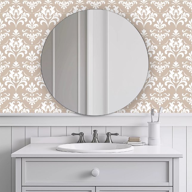 Monochromatic Neutral French Wallpaper (Monochromatic Neutral French Wallpaper in a white bathroom.)