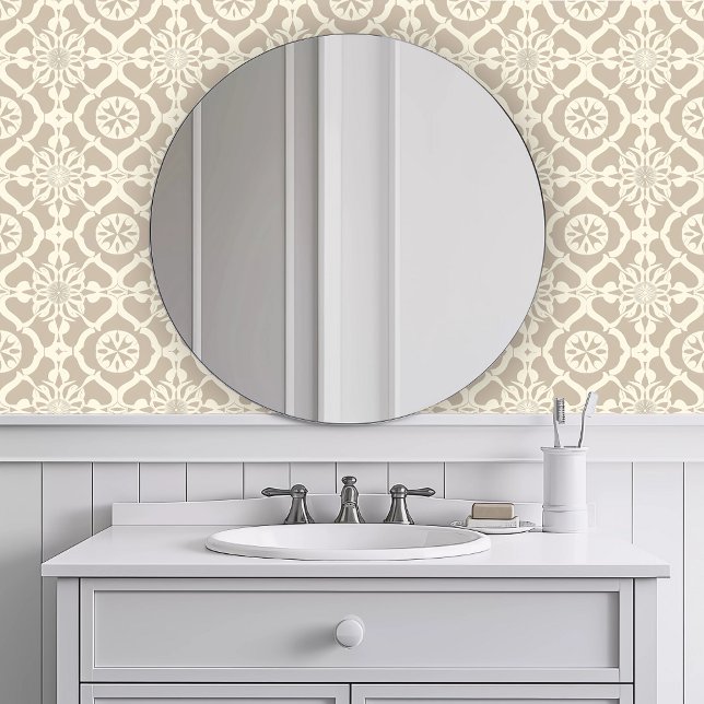 Monochromatic Neutral Geometric Wallpaper (Monochromatic Neutral Geometric Wallpaper in a white bathroom.)