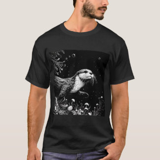 Monochromatic Outline Otter Swimming Underwater T-Shirt