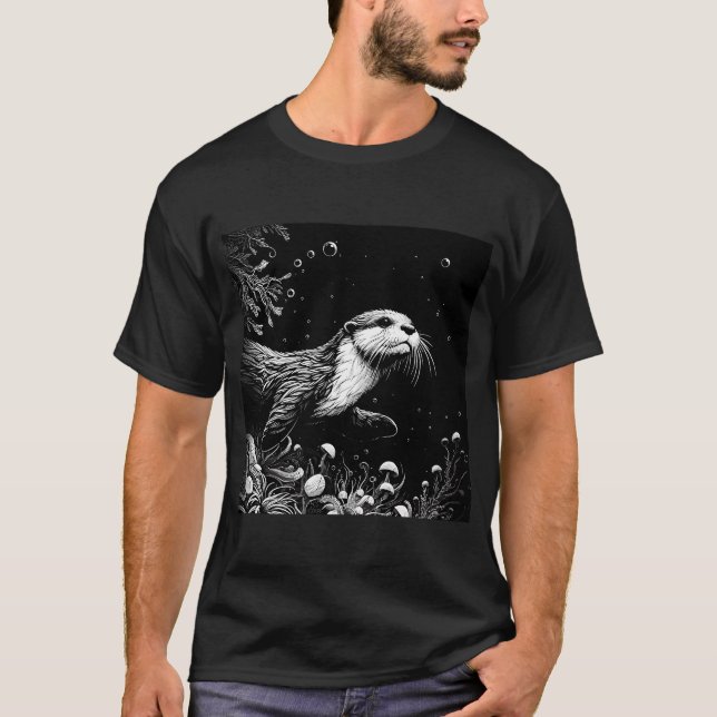 Monochromatic Outline Otter Swimming Underwater T-Shirt (Front)