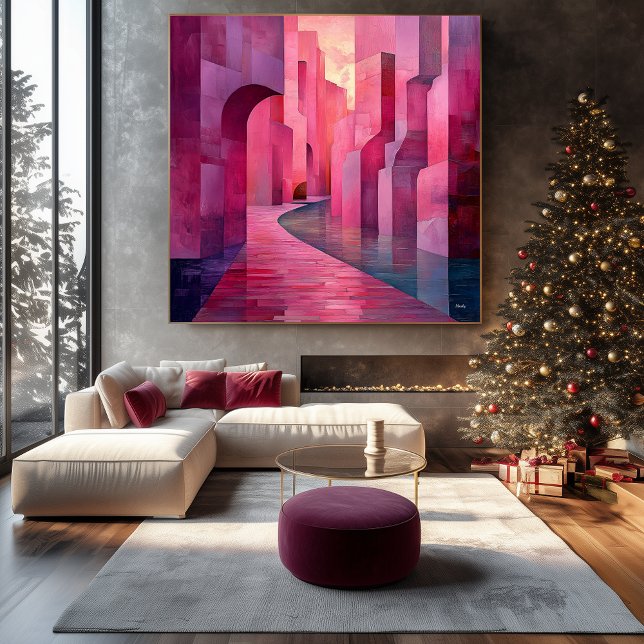 Monochromatic Pink Abstract Cityscape with Pathway Canvas Print (Creator Uploaded)