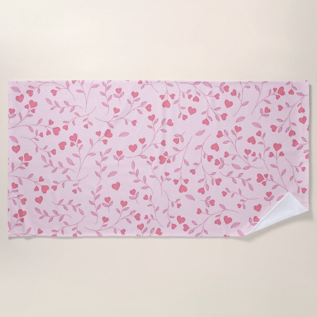 Monochromatic Pink Heart Vine Botanical Pattern Beach Towel (Front)