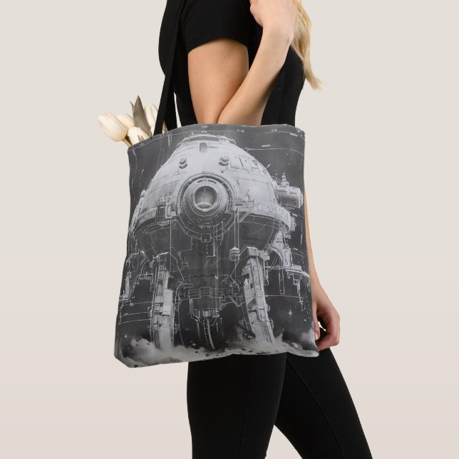 Monochromatic Sci-Fi Blueprint Tote Bag (Close Up)