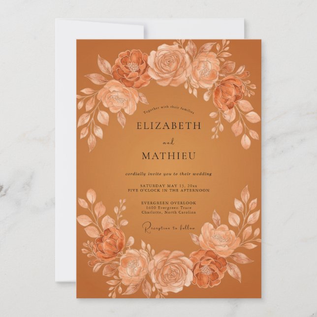 Monochromatic Terracotta Wreath Wedding Invitation (Front)