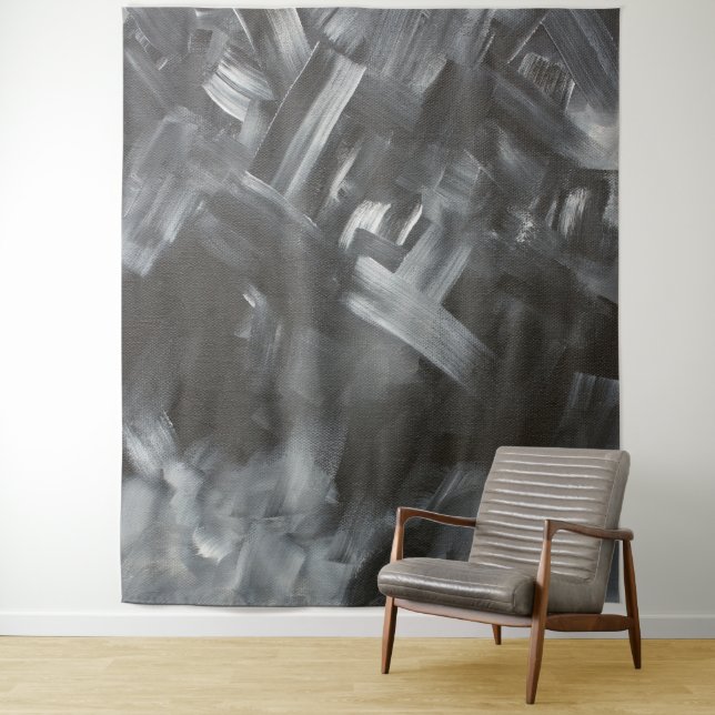 Monochrome Abstract Brushstrokes Black and White Tapestry (In Situ)