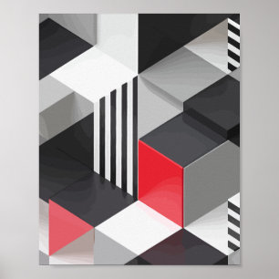 Monochrome and Red Geometric Blocks Poster