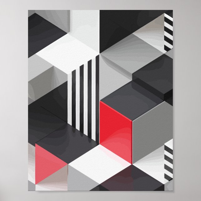 Monochrome and Red Geometric Blocks Poster (Front)