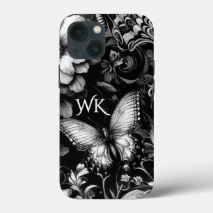 Monochrome Antique Floral Butterflies Monogram iPhone 13 Mini Case