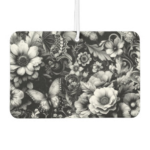 Monochrome Antique Floral with Butterflies Car Air Freshener